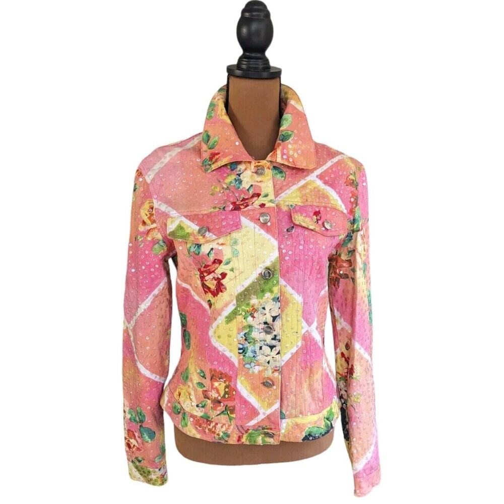 Redd Jeans Trucker Jacket 4 Abstract Floral Iridescent Sequins Cottagecore Artsy